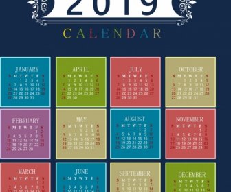 2019 Calendar Template Colorful Classical Decor