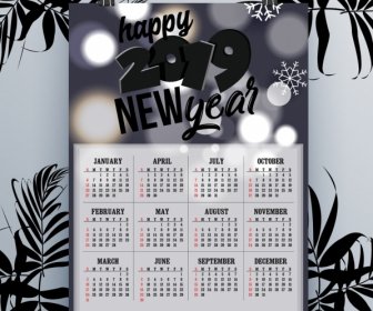 2019 Calendar Template Dark Bokeh Snowflakes Decor
