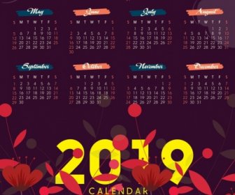 2019 Kalender Template Gelap Desain Merah Bunga Hiasan