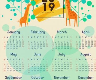 2019 Calendar Template Giraffe Tree Icons Circles Decor