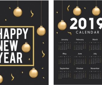 2019 Calendar Template Golden Baubles Elegant Black