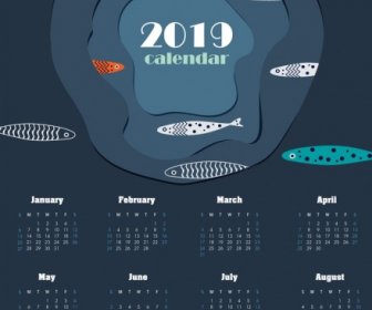 2019 Kalender Template Tema Laut Ikan Datar Ikon