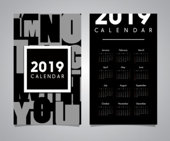 2019 カレンダー テンプレート モダンなブラック ホワイト デザイン