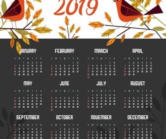 2019 Calendar Template Nature Theme Birds Leaves Icons