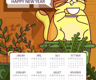 2019 カレンダー テンプレート リラックスした猫アイコン漫画デザイン