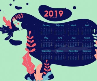 2019 Calendar Template Woman Leaves Icons Sketch