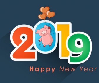 2019 New Year Banner Colorful Number Pig Icons