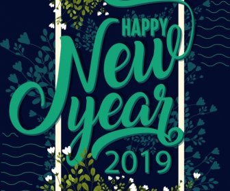 2019 New Year Banner Dark Green Flowers Decor