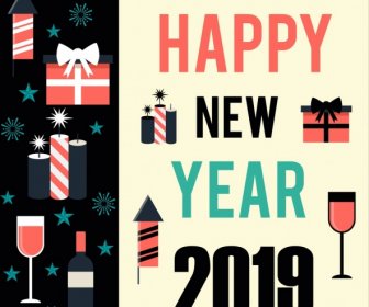 2019 New Year Poster Gift Wineglass Candle Icons