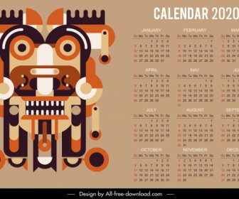 2020 Calendar Template Abstract Symmetrical Ethnic Decor