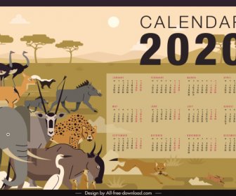 2020 Kalender Template Afrika Hewan Tema Warna-warni Klasik