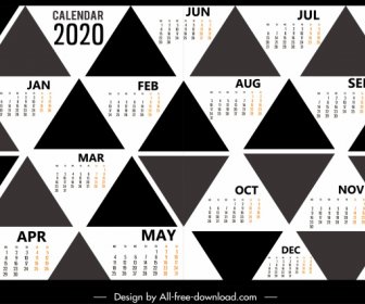 2020 Calendar Template Black White Geometric Triangles Decor