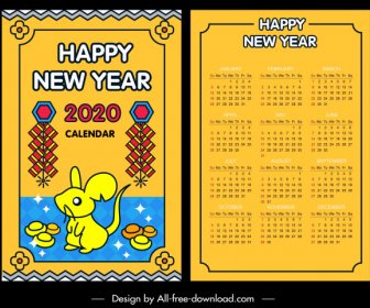 2020日曆範本五顏六色的東方裝飾老鼠圖示