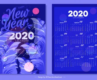 2020 Calendar Template Dark Blue Design Leaves Ornament