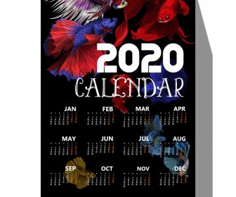 шаблон календаря 2020 разноцветных декоративных рыб декор