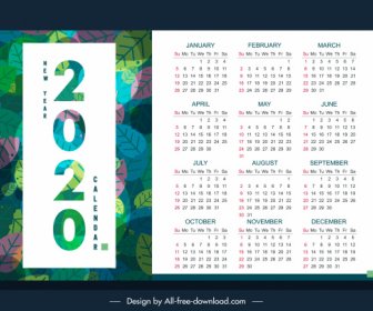 2020日历模板自然主题五颜六色的树叶装饰