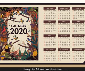 2020 قالب التقويم الطيور البرية موضوع الكلاسيكية الملونة