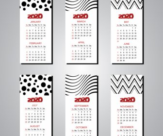 2020 カレンダー テンプレート抽象ブラック ホワイト モダン