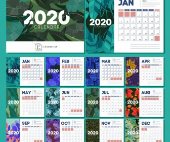 2020 Takvim şablonları Doğa Temaları Renkli Yaprakları Dekor