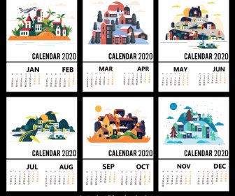 2020カレンダーテンプレート風景装飾カラフルな古典