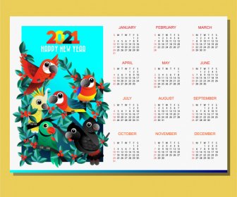 Szablon Kalendarza 2021 Jasny Kolorowy Motyw Naturalnych Papug