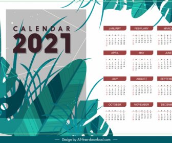 Modelo De Calendário 2021 Clássico Folhas Naturais Decoração