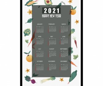 2021 달력 템플릿 다채로운 평면 과일 야채 장식