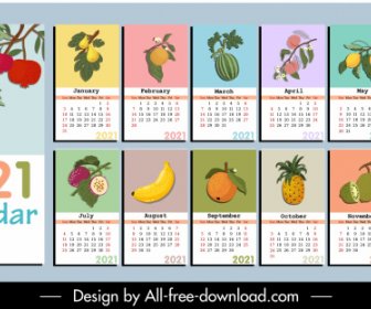 2021 日曆範本五顏六色的水果圖標素描