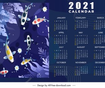 2021 Kalendarz Szablon Kolorowe Koi Ryby Ciemny Wystrój