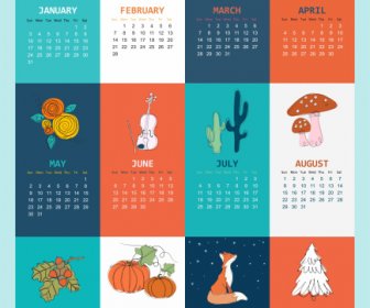 2021 Calendar Template Colorful Retro Handdrawn Symbols Decor