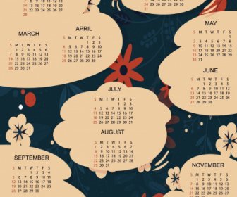 2021 Calendar Template Dark Flat Flowers Cloud Textbox
