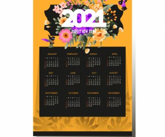 2021 قالب التقويم أنيقة الملونة الزهور الطيور الديكور