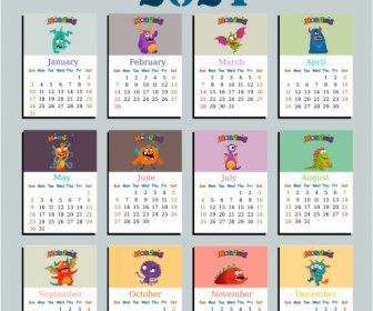 2021 Kalender Vorlage Lustige Monster Charaktere Skizze