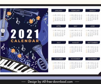 2021カレンダーテンプレートジャズ楽器暗い古典