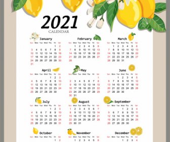 2021 Template Kalender Pohon Lemon Sketsa Dekorasi Warna-warni