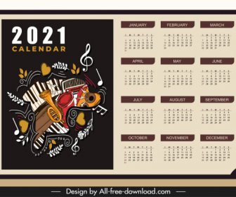 2021 Calendar Template Music Instruments Sketch Dark Classic