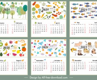 2021 Calendar Template Nature Vegetables Animals Themes