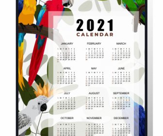 2021カレンダーテンプレート熱帯オウムの装飾カラフルな明るい