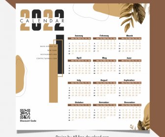 2022 Calendar Template Bright Classic Leaves Decor