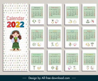 2022 Calendar Template Bright Colorful Decor Food Elements