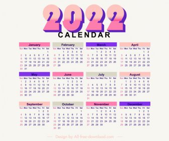 2022 달력 템플릿 밝은 다채로운 플랫 플레인 장식