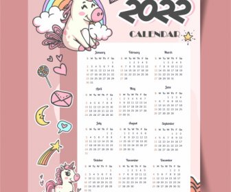 2022 Calendar Template Cute Handdrawn Unicorn Sketch
