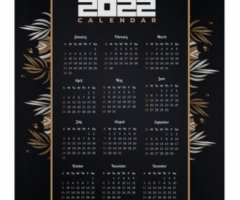 2022 Calendar Template Dark Classic Design Leaves Decor