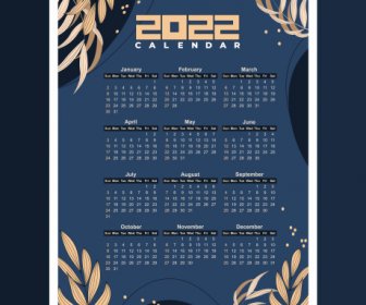 Template Kalender 2022 Desain Gelap Dekorasi Daun Klasik