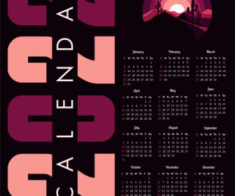 Plantilla De Calendario 2022 Diseño Oscuro Paisaje Del Desierto Boceto