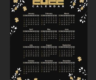 2022 Calendar Template Dark Design Elegant Flowers Decor