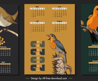 2022 Calendar Template Dark Design Natural Birds Sketch