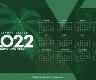Template Kalender 2022 Dekorasi Daun Hijau Gelap