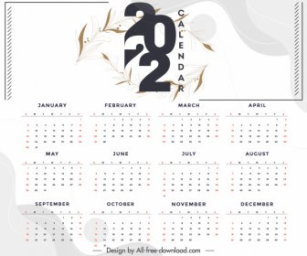 Plantilla De Calendario 2022 Elegante Diseño Brillante Hojas Boceto