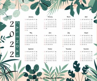 2022 Calendar Template Elegant Bright Natural Leaves Decor